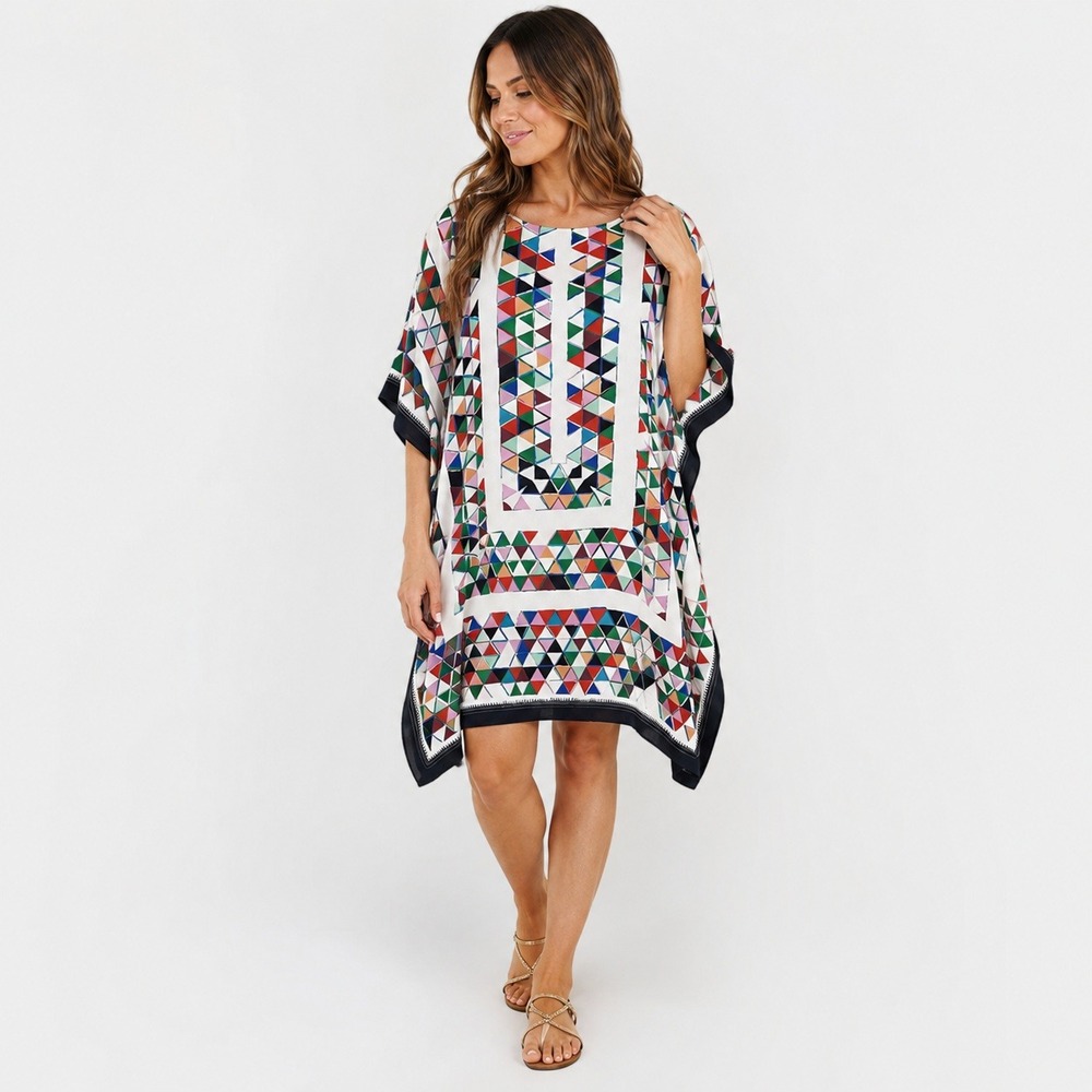 Saloni Designer Geometric Triangle Stained Glass Print Kaftan Swim Cover Up